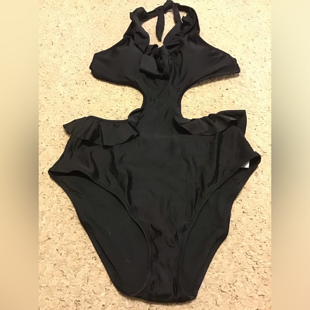 AERIE NWT SZ L ONE PC BLACK BATHING SUIT SWIM OPEN MIDSECTION